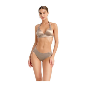 Traje de baño de una pieza HDJ Plus Size con control de abdomen, cintura alta y cuello halter para mujer, tallas 40, 42, 44, 46, color sólido, elástico. - Product Image 3