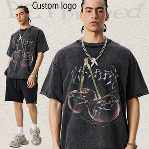 T-shirt vintage personnalisé à motif cerise délavé pour homme, coupe oversize streetwear à manches courtes, imprimé numérique, mode décontractée estivale - Product Image 1
