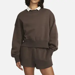 Fall Brown Color Fleece Women 2 Piece Set Oversized Crew Neck Sweatshirt Shorts Autumn Sweatsuits
