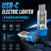 Briquet électrique USB-C, Plug and Play, sans huile, sans gaz, rechargeable par bobine chauffante pour mobiles, avec lumière LED, design transparent