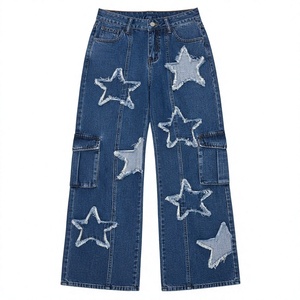 Pantalon cargo en jean taille haute déchiré avec appliqué étoile, bords effilochés, coupe ample, style streetwear, longueur intégrale, fermeture boutonnée - Product Image 3