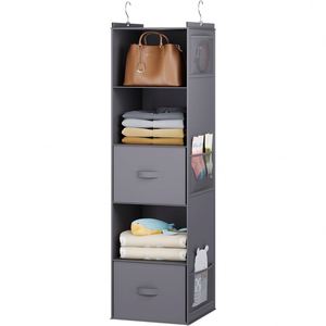 Foldable 5 Tier Hanging Closet <b>Shelf</b> Non-Woven Fabric Closet Organizer with Drawer &2 Strong <b>Hooks</b> Space Saving Wardrobe Storage - Product Image 5