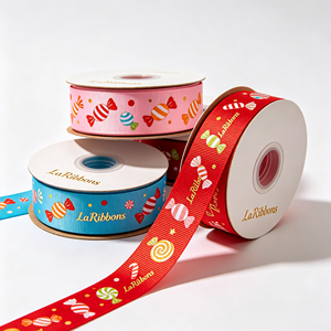 Ruban gros-grain en polyester imprimé bonbons colorés avec logo personnalisé pour emballage de boîtes de friandises pour enfants, vente en gros en rouleau - Product Image 1