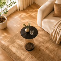 Table d'appoint ronde moderne et écologique avec plateau en acier inoxydable noir et base conique transparente fumée pour salon