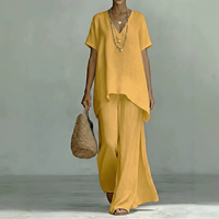 Ensemble chemise élégante à col en V et manches courtes avec pantalon large pour femme, idéal pour les tenues décontractées en extérieur – T-shirt ample et pantalon long de haute qualité