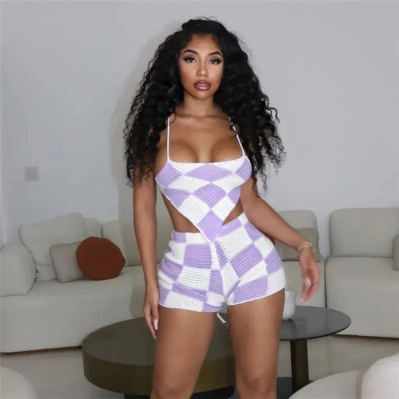 Peeqi W23S29034 knitted grid sleeveless tank top and short pant 2 piece set bodycon summer casual fashion women's set