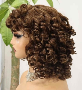 Perruque Lace Front en Cheveux Humains Remy Vierges à 100% Densité 200%, Courte, Frangée, Bouclée Naturelle, Style Bob Brésilien, Ondulation Spring Curl, avec Frange 4 # - Product Image 4