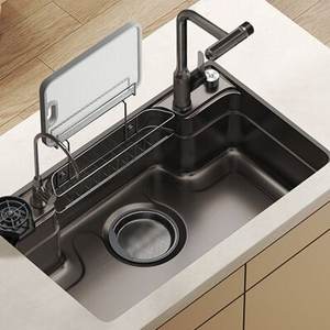 Ensemble d'évier de cuisine domestique en acier inoxydable SUS304 monobloc gris bronze avec cuve de lavage nano grain de riz - Product Image 1