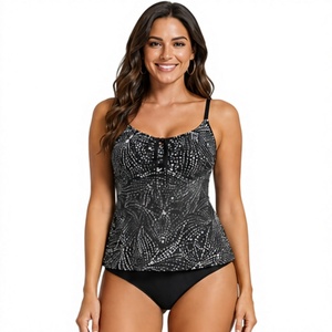 Ensemble de maillots de bain tankini fleuris pour femmes, haut court froncé et bas hipster, imprimé feuilles noir rose blanc, confortable et extensible, pour la plage et la piscine - Product Image 1