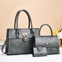 Ensemble de sacs à main 3 pièces en PU texturé vintage pour femme, idéal pour le travail, avec fermoir anneau, sac à rabat assorti et porte-cartes