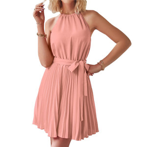 Vestido <span class=keywords><strong>Mini</strong></span> Casual Elegante para Mujer, Vestido Corto sin Mangas, Falda Corta Plisada, Vestidos Halter para Playa de Verano - Product Image 3