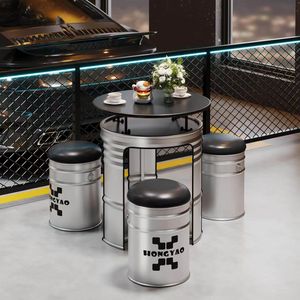 Sáng Tạo Công Nghiệp Phong Cách Kim Loại Thanh Thiết Lập Mới Ngoài Trời Giải Trí Dầu Trống Bảng Và Ghế Lưu Trữ Cho Phục Vụ Trà Sữa Cà Phê Cửa Hàng - Product Image 5