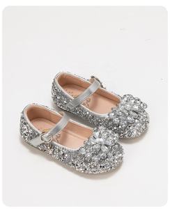 Sepatu datar anak perempuan putri kristal perak lembut mengkilap hiasan pita bayi perempuan datar balet kulit pesona sepatu putri anak - Product Image 6
