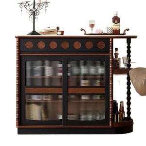 French Retro Style Solid Wood Bar Cabinet With Glass Doors And Open Storage For Living Room Or Entryway - Product Image 5