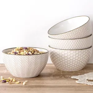 Wholesale White Embossed Stoneware Soup Salad Bowl Decorative 6 inch Large Ceramic Bowl