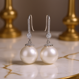 Orecchini Pendenti con Perle Akoya in Argento 925 Placcato Rodio, Perle Coltivate AAA Bianche Rotonde, Gioielli Classici da Sposa per Donna - Product Image 2