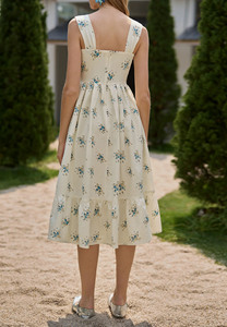 ชุดเดรสยาวปานกลางพิมพ์ลายดอกไม้สำหรับผู้หญิง คอเหลี่ยม เอวสม็อค ทรงเอ ชายระบายเป็นชั้นๆ ผ้าพลิ้วสบายๆ ชุดลำลองสำหรับฤดูร้อน - Product Image 4