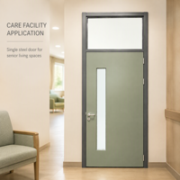 Porte battante simple en acier pour intérieur commercial avec panneau de transom en verre pour hôpital, laboratoire, salle blanche, maison de retraite