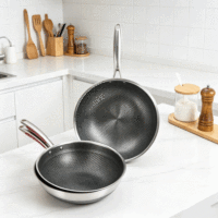 Poêle Wok FLEY Écologique en Acier Inoxydable avec Revêtement Céramique Nid d'Abeille Antiadhésif Compatible Induction, Lavable au Lave-Vaisselle, Sans PFOA