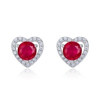 Boucles d'oreilles créées en forme de cœur en rubis, en argent sterling 925 plaqué rhodium, avec pierre précieuse rouge taille ronde et halo de zircone cubique, pour la Saint-Valentin