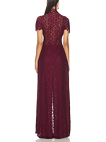 Robe longue femme en fibre de polyester, couleur unie, ajourée, taille haute, col rond, manches courtes, fente avant
