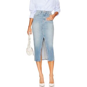 Jupes en jean pour femmes, coupe décontractée, avec fente avant, bleu délavé, de haute qualité, personnalisables, style créateur, vente en gros - Product Image 5