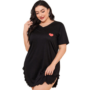 Elegante Camisón de Encaje con Dobladillo para Mujer, Tallas Grandes, Cuello en V, Manga Corta, Tela Suave TR, Pijama de Verano al por Mayor - Product Image 1
