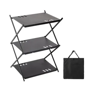 Triple Outdoor Folding Splicing Table With Aluminium Shelf Hanging Rack For Camping Storage Product