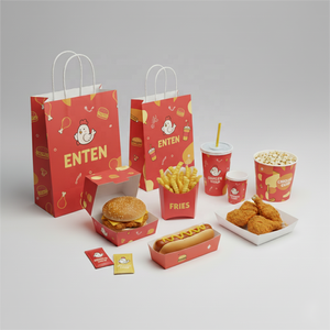 Caja Plegable para Pizza, Set de Empaque para Comida Rápida, Cajas para Llevar, Papas Fritas, Hamburguesas, Alitas de Pollo, Vasos, Diseño con Logotipo, Contenedores Desechables para Alimentos - Product Image 1