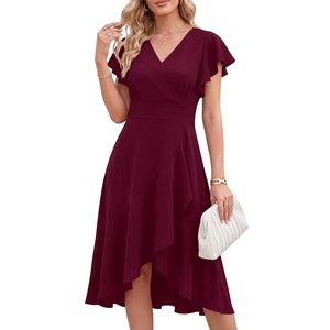 FOXA Robe de cocktail pour femme, col en V, manches à volants, ligne A, robe mi-longue asymétrique pour invitées de mariage, fête d'été - Product Image 1