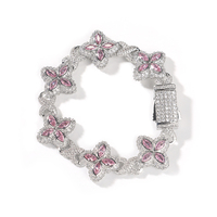 Nouveau Design Hip Hop Rose Blanc Coloré Bracelet Collier Trèfle en Zircon Cubique Laiton Sertis de Strass Fleur Zircon Diamant 5A Chaîne Cubaine