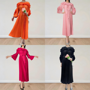 เดรสพลีทสีม่วงล้วนแบบเรียบง่ายสำหรับผู้หญิงไซส์ใหญ่ ขายส่ง เสื้อผ้าไซส์เดียว สไตล์เรียบหรู เหมาะสำหรับใส่ไปโบสถ์ - Product Image 4