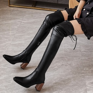 Botas altas de tacón grueso y cuadrado para mujer, ajustadas, con cremallera lateral, parte superior de PU, por encima de la rodilla - Product Image 5