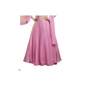 Lehenga Choli de Seda Rosa Bebé Brillante con Blusa Bordada en Plata con Dobladillo Recortado y Dupatta a Juego - Product Image 2