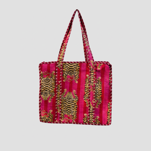 Sac fourre-tout bohème en coton avec motif léopard, broderie rose et or, sac de shopping pour femme toutes saisons, fermeture ouverte - Product Image 1