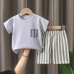 优质男女通用童装男童夏季服装柔软100% 棉t恤短袖2件套婴儿服装 - Product Image 2