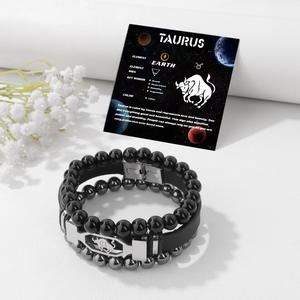 Nueva moda 8mm cuentas de hematita cierre de acero inoxidable 12 brazaletes de cuero del zodiaco conjunto para regalo de cumpleaños - Product Image 5