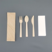 Kit de couverts en bambou naturel, ustensiles jetables, serviette, sel, poivre, sac en papier kraft, ensemble de couverts écologiques à emporter