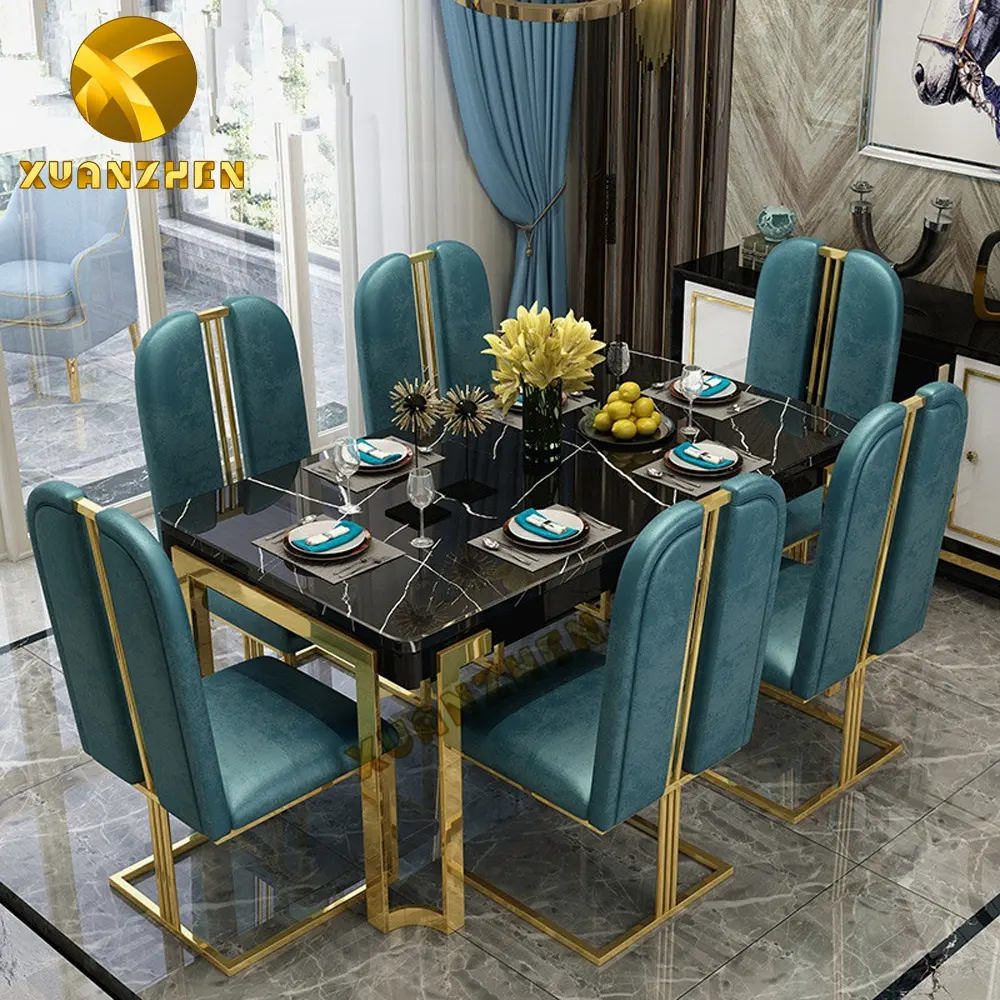 Conjunto de mobiliário da sala de jantar, design de aço inoxidável, vidro temperado, mesa de jantar e 6 cadeiras conjunto dt010