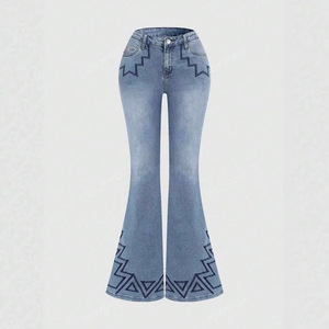 Women's Wide Leg High <b>Elastic</b> Embroidered <b>Jeans</b> Light Blue European And American Sizes S M L XL XXL - Product Image 3
