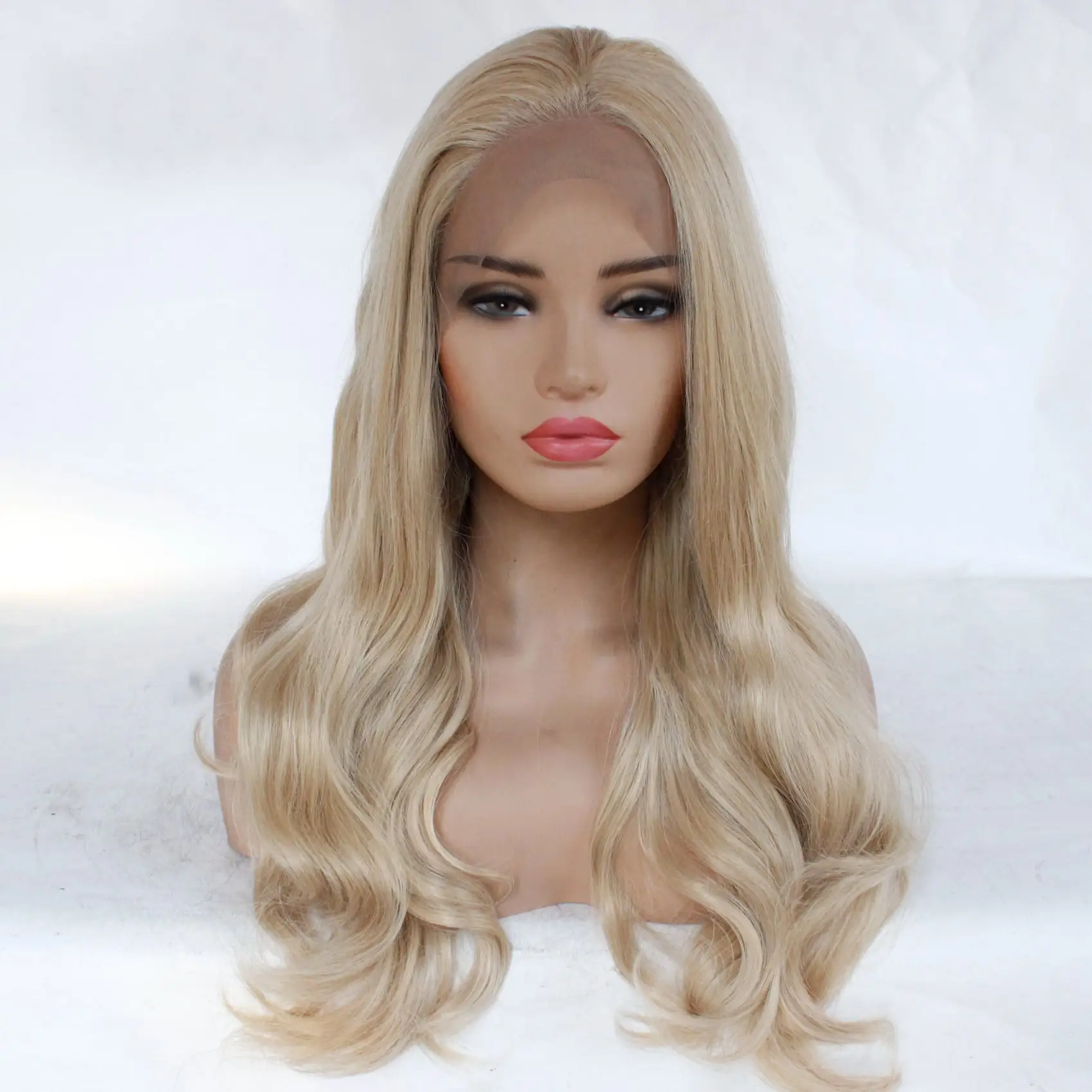 popular pure color long wave blonde pink red black hand made lace front synthetic wigs