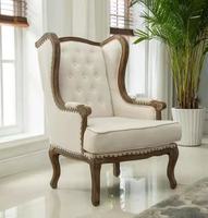 Fauteuil classique en bois massif, revêtement en tissu crème, design moderne, chaise de loisirs, monoplace, hauteur réglable, rembourrage en éponge