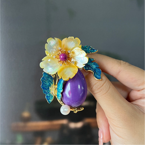 Broche en mica violet en forme de fleur, perles de nacre d'eau douce, plaqué or 18 carats, bijoux vintage pour femmes, cadeau de luxe pour mariage - Product Image 5