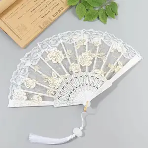 Hot Sale Fashion Foldable Lace Rose PP Hot Stamping Plastic Bone Tassel Handfan Nice Sex Lace Hand Fan For Wedding Gift