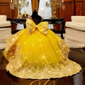 Vestidos de Niña de las Flores Amarillos Personalizados <span class=keywords><strong>para</strong></span> Bodas, Apliques Dorados, Largo hasta el Suelo con Lazo, <span class=keywords><strong>Vestido</strong></span> de Fiesta de Cumpleaños, Primera Comunión, Baile - Product Image 2