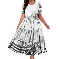 Robe longue décontractée de soirée pour femme, grande taille, vert sauge foncé, style tribal polynésien, à manches courtes bouffantes et à volants superposés