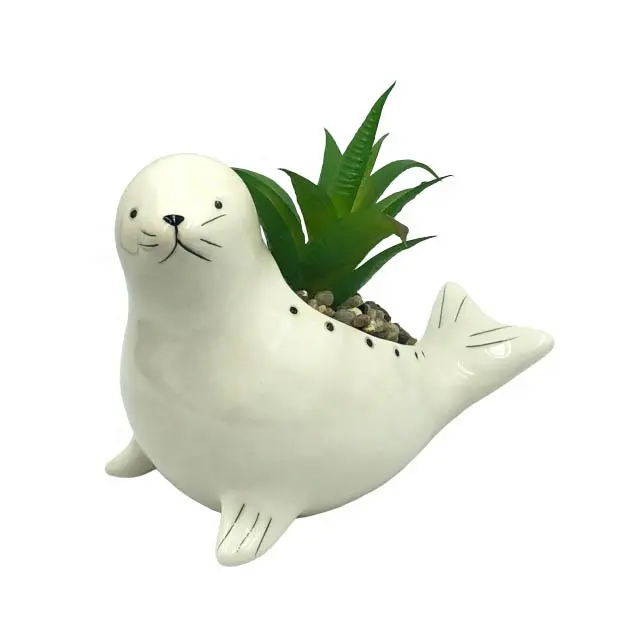 Cute White Animal Ceramic Succulent Planter Pot With Seal Shape For Home Decoration