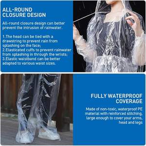 معطف واق من المطر وسروال بلاستيكي شفاف خفيف الوزن مقاوم للماء والرياح للاستخدام مرة واحدة للبالغين - مناسب للتخييم والمشي لمسافات طويلة - Product Image 6