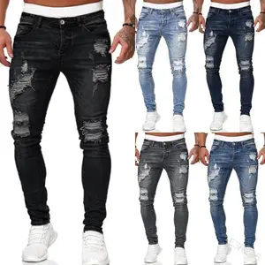 Coldker Mens Ripped סקיני ג 'ינס כחול Slim Fit חור מכנסי עיפרון Biker מקרית מכנסיים Streetwear ינס גבר בגדים