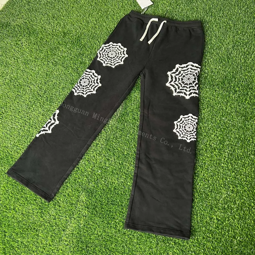 Custom Puff Print Logo 100% Cotton Side Pockets Pants Drawstring Waistband Mens Sweatpants